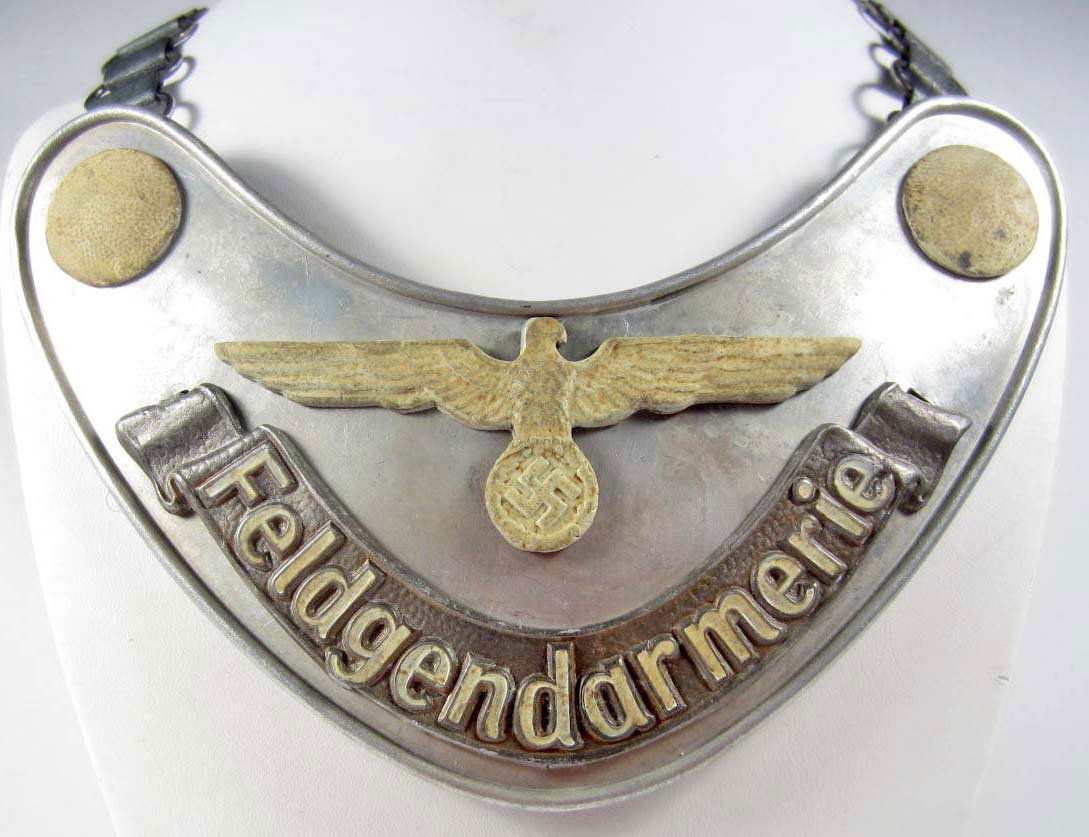 GERMAN NAZI FELDGENDARMERIE GORGET W/ CHAIN: Green felt back. marked R.Z.M. M34/2