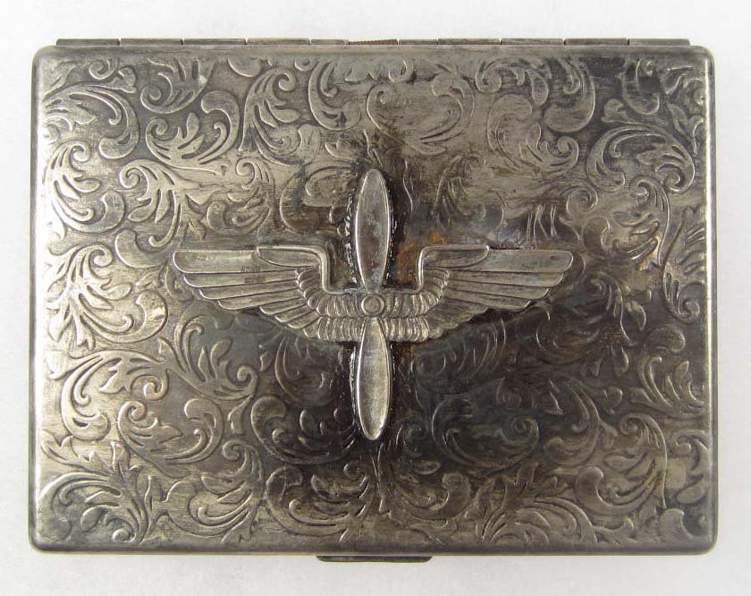 C. WW2 ERA USAF TRENCH ART CIGARETTE CASE: Lots of Embossing with Applied Wings and Propellor Insignia. Beautiful Patina!