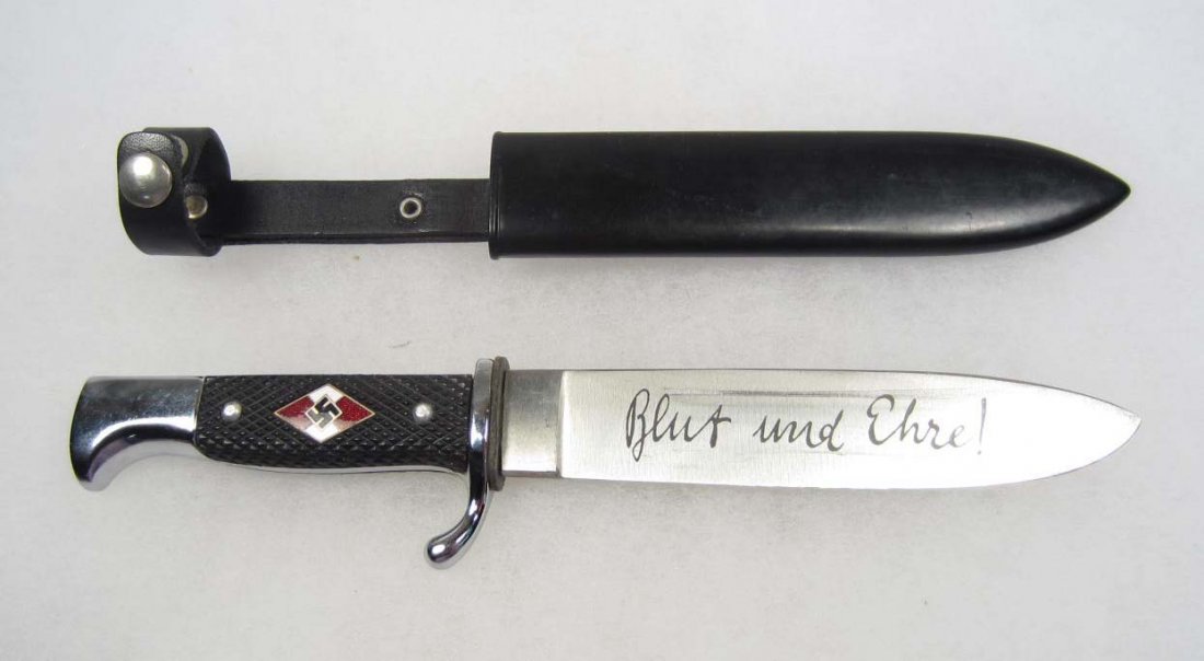 GERMAN NAZI HITLER YOUTH HJ UTILITY KNIFE & SCABBA: Measures 10" long overall. The steel blade has the motto on the front that reads Blut und Ehre! (Blood and Honor!). Alcoso Solingen with the ACS logo in the center. Includes the metal scabbard with th