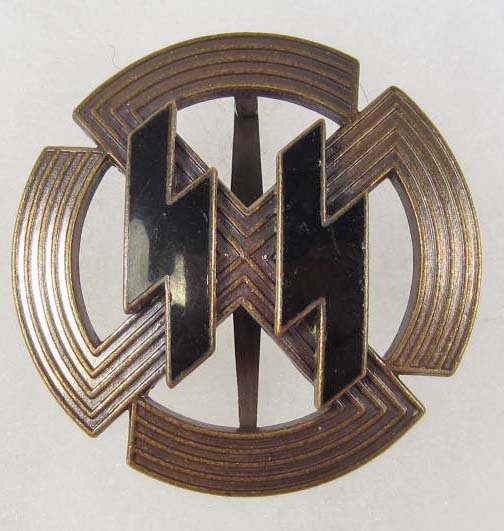 GERMAN NAZI WAFFEN SS BRONZE DUTCH SPORTS BADGE: Badge. Measures 2" in diameter. Maker marked Richard Sieper Ludenscheid & Sohn RZM M1/25. Pin back. Three piece construction with a pair of black enameled runics in the center