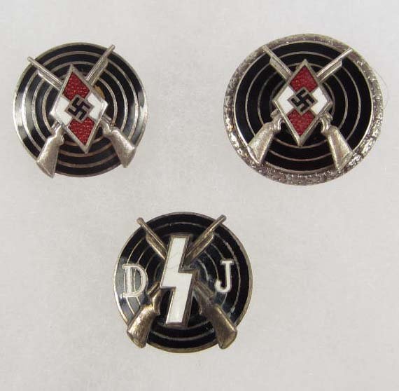 LOT OF 3 GERMAN NAZI HITLER YOUTH HJ & DEUTSCHES Y: Pin back. All are RZM and maker marked. Two piece nickel and enamel construction.