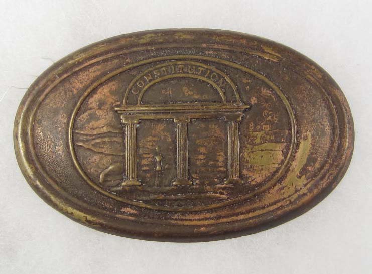 CSA CIVIL WAR ERA STATE OF GEORGIA ENLISTED MANS B: Has three prongs on the back for securing to the leather belt. Stamped brass construction with a lead filled back.