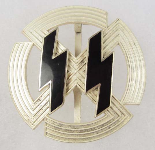 GERMAN NAZI WAFFEN SS SILVER DUTCH: Measures 2" in diameter. Maker marked Richard Sieper & Sohn Ludenscheid RZM M1/25. Pin back. Three piece construction with a pair of black enameled runics in the center.