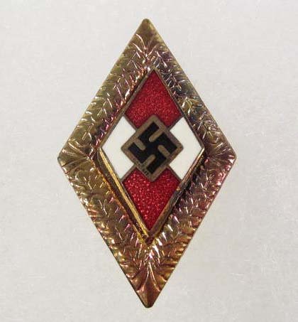GERMAN NAZI HITLER YOUTH HJ BADGE OF HONOR W/ OAK : Maker marked RZM BM1/122. Pin back. Two piece brass and enamel construction