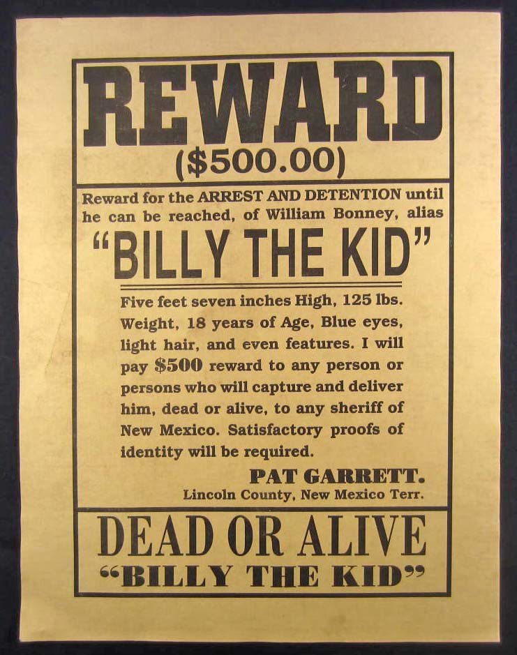 OUTLAW BILLY THE KID REWARD POSTER