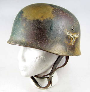 GERMAN NAZI LUFTWAFFE PARATROOPER FALLSCHIRMJAGER: This is a single decal steel helmet shell w/ greens, tans & maroon camo colors. The inside skirt is marked ET 71 4117. Includes the brown leather liner that is marked Baumuster: Heisler, Berlin C 2 He