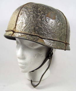 GERMAN NAZI LUFTWAFFE PARATROOPER FALLSCHIRMJAGER: This is a no decal helmet shell w/ thick zimmerit grey and green camo paint w/ wire. The inside skirt is marked ET 71. Includes the brown leather liner that is marked Karl Heisler Berlin C 2 drgmd Kop