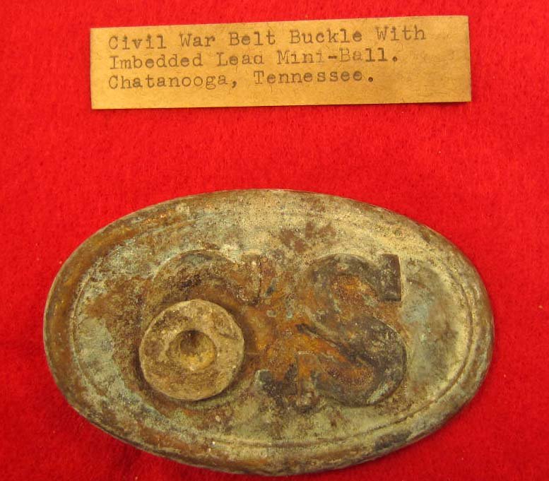 CONFEDERATE STATES CS CIVIL WAR ERA ENLISTED MANS B: Approx. 2 1/4" by 3 7/16". Stamped brass construction w/ a lead filled back. There is a paper tag in the case that reads Civil War Belt Buckle w/ Imbedded Lead Mini Ball Chattanooga, Tennessee.