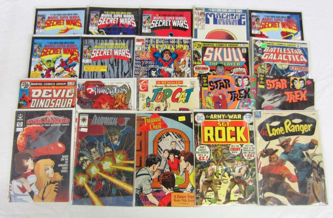 LOT OF APPROX. 20 VINTAGE COMIC BOOKS: Incl., 10 cent The Lone Ranger, 20 cent Our Army at War, Treasure Chest, Star Trek, More!