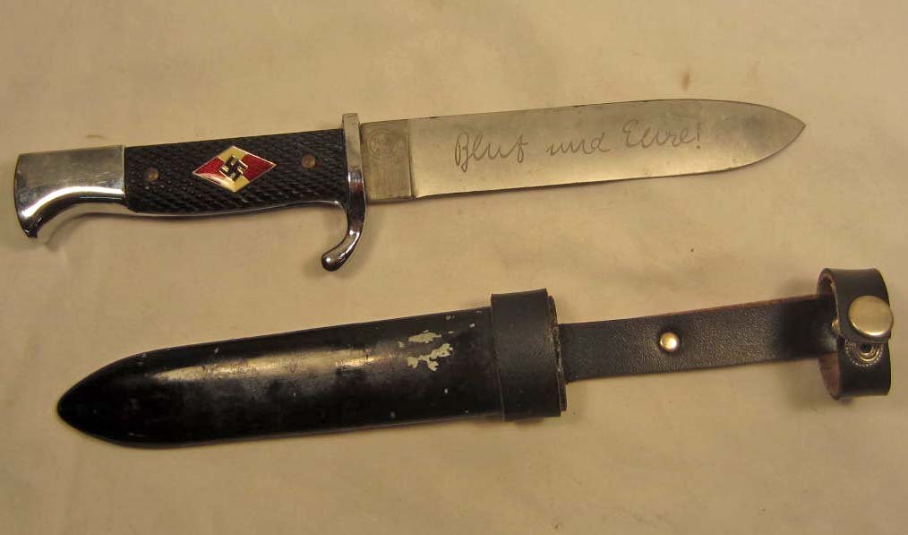 GERMAN NAZI YOUTH DAGGER W/ SCABBARD: Approx. 9.5" long overall. Blade is marked RZM and Blut und Ehre (Blood and Honor)
