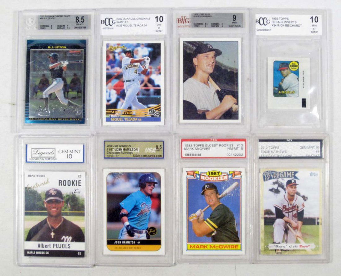 LOT OF 8 GRADED BASEBALL CARDS: 1978 TCMA #11 Roger Maris Beckett 9 Mint, 2010 Topps #4 Eddie Mathews FGS Gem Mint 10, 2002 Don Russ #138 Miguel TeJada BCCG 10 Mint or better, 2002 Bowman Chrome raft #99 BJ Upton Beckett 8.5 NM-MT+,