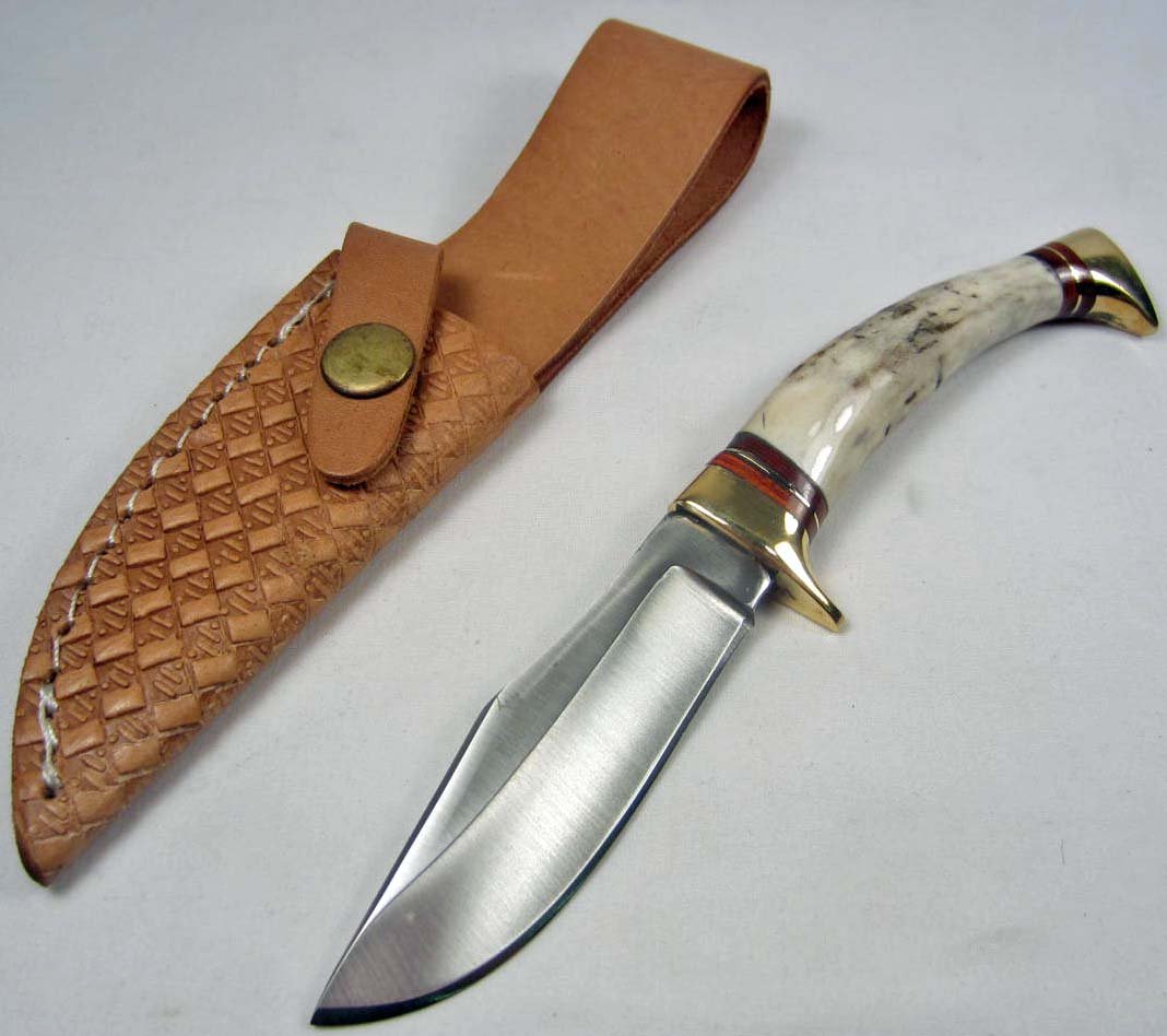 ROUGH RIDER FIXED BLADE KNIFE W/ STAG HANDLE W/ SHE: Approx. 6.5" long overall