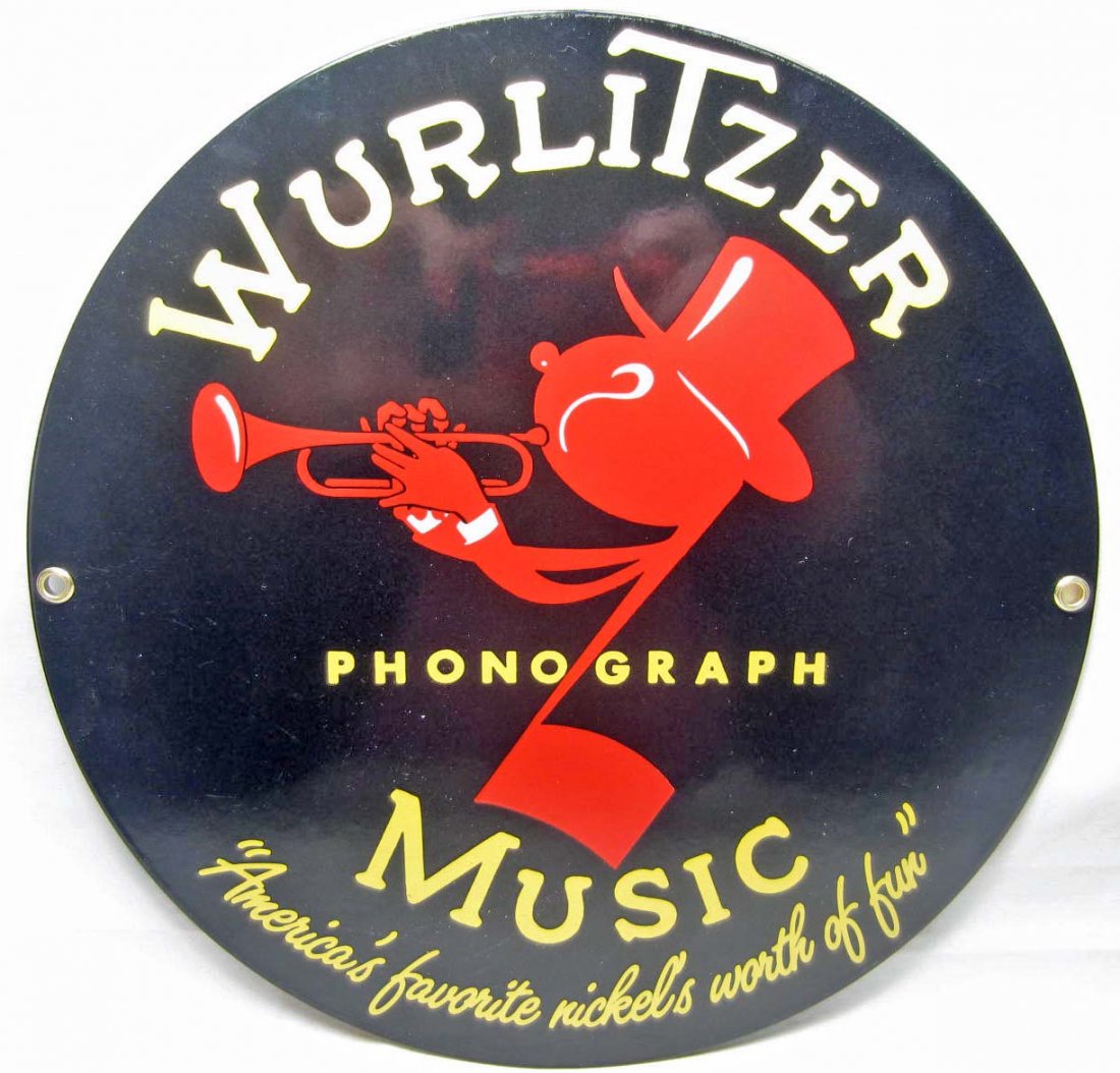 WURLITZER PHOTOGRAPH PORCELAIN ADVERTISING SIGN: Approx. 10" diameter