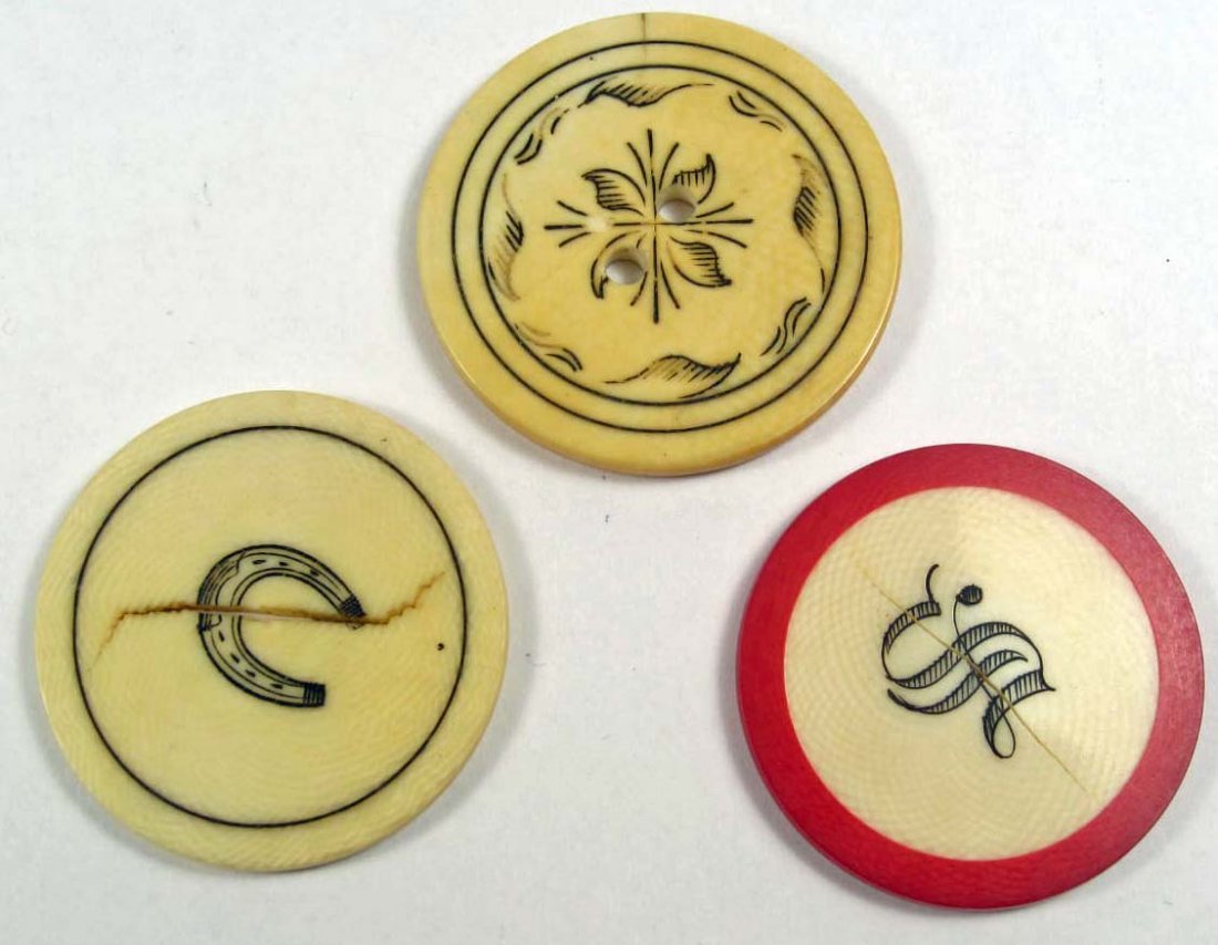 LOT OF 3 IVORY GAMBLING POKER CHIPS: Approx. 1 7/16" by 1 1/2" in diameter. Chips date from the mid 1800's
