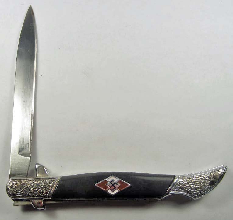 GERMAN NAZI HITLER YOUTH HJ POCKET KNIFE: Approx. 9.25" long overall w/ the blade open. The steel blade is approx. 1/2" wide by 4 1/4" long.