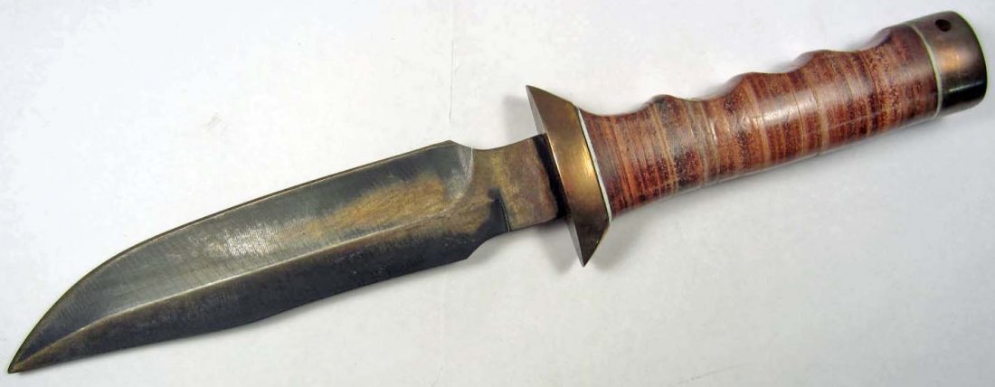 US VIET NAM ERA ARMY 5TH SPECIAL FORCES SPECIAL OP: Approx. 11" long overall. The steel blade is approx. 1 1/4" widy by 6 1/4" long. Has a multi piece brown leather handle. The pommel and cross guard are brass construction.