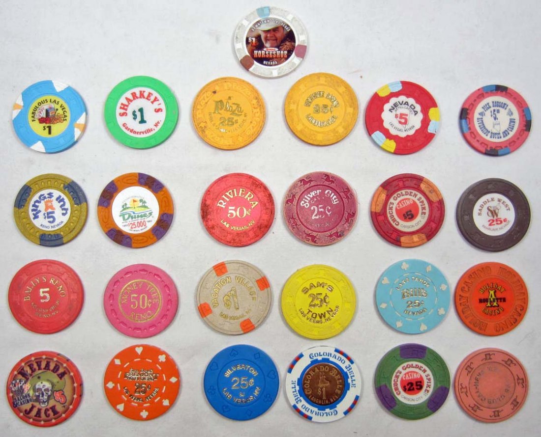 LOT OF 25 OBSOLETE NEVADA CASINO GAMBLING POKER CHIPS: $25,000 Dunes Hotel Las Vegas, Plaza Hotel & Casino, Holiday Casino, Bills Lake Tahoe, Riviera, Nevada Jack Saloon & Casino, Ballys, Sams Town, Sam Boyds Fremont, Money Tree, Vacation Village, Silver 