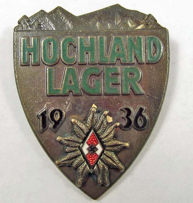 GERMAN NAZI HITLER YOUTH HJ ALPINE LAGER BADGE: Pinback. Maker marked A Berger Garmisch. Bronze construction w/ enamel.