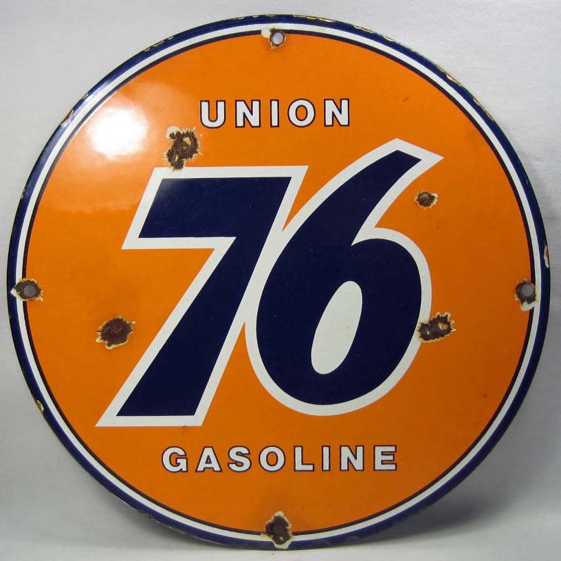 UNION 76 GASOLINE PUMP PORCELAIN ADVERTISING SIGN: Approx. 11.75" diameter. Has some dings in the body.