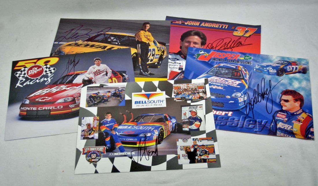 LOT OF 5 NASCAR PICTURES - SIGNED: Hermie Sadler, Joe Nemechek, John Andretti, Mark Green and Robert Pressley