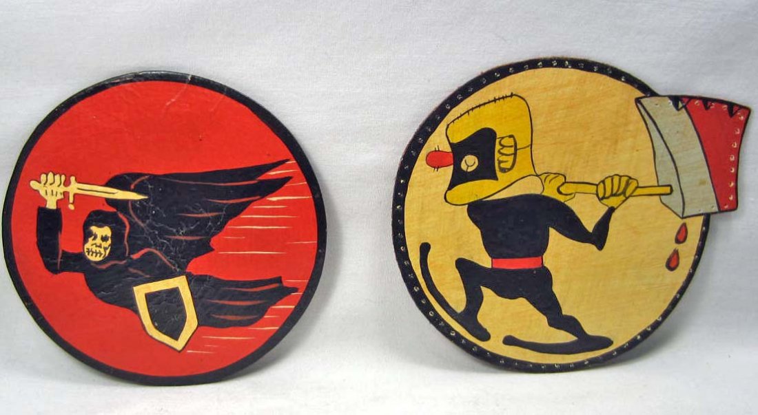 LOT OF 2 USAAF ARMY AIR CORPS LEATHER SQUADRON PATCHES: Approx. 4.75" diameter. Hand painted leather. There were to have been worn on the front of an A-2 leather flight jacket