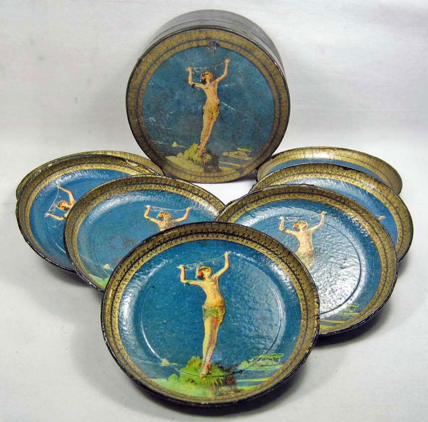 VINTAGE COASTER SET IN MATCHING CONTAINER: 6 coasters. Appears to be wood w/ a lacquer.