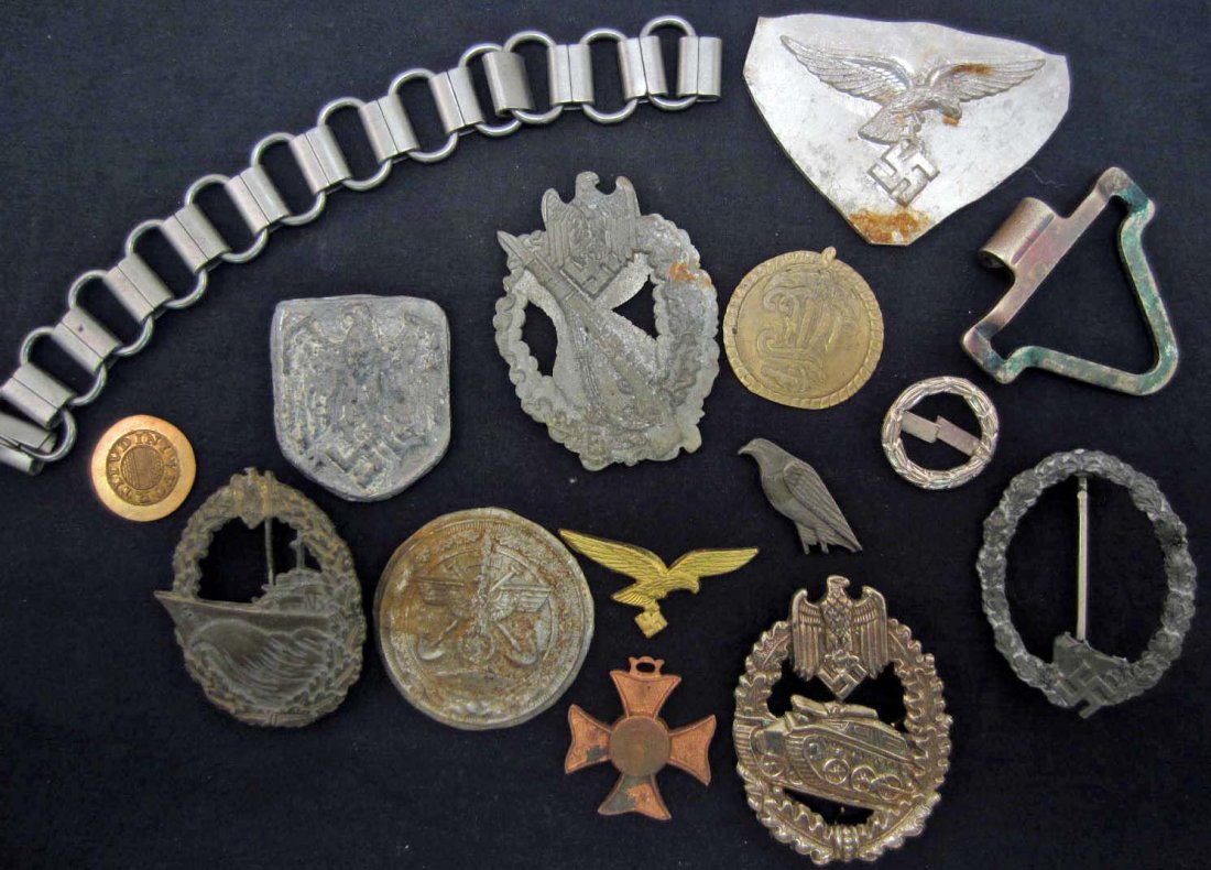 LOT OF MISC. GERMAN NAZI MEDALS, BADGES, INSIGNIAS: Approx. 15 pieces incl., Naval Destroyer badge, Unfinished Army Infantry Assault Badge, Unfinished Luftwaffe Cap Eagle, Army tank Lanyard badge, more