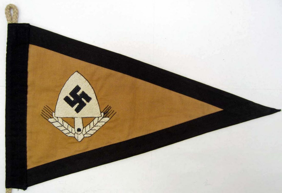 GERMAN NAZI RAD LABOR KORPS OFFICERS STAFF CAR PENNANT: Approx. 8.5" by 14.15". Has a bunting and a rope on one end. Double sided multi piece embroidered cotton construction.