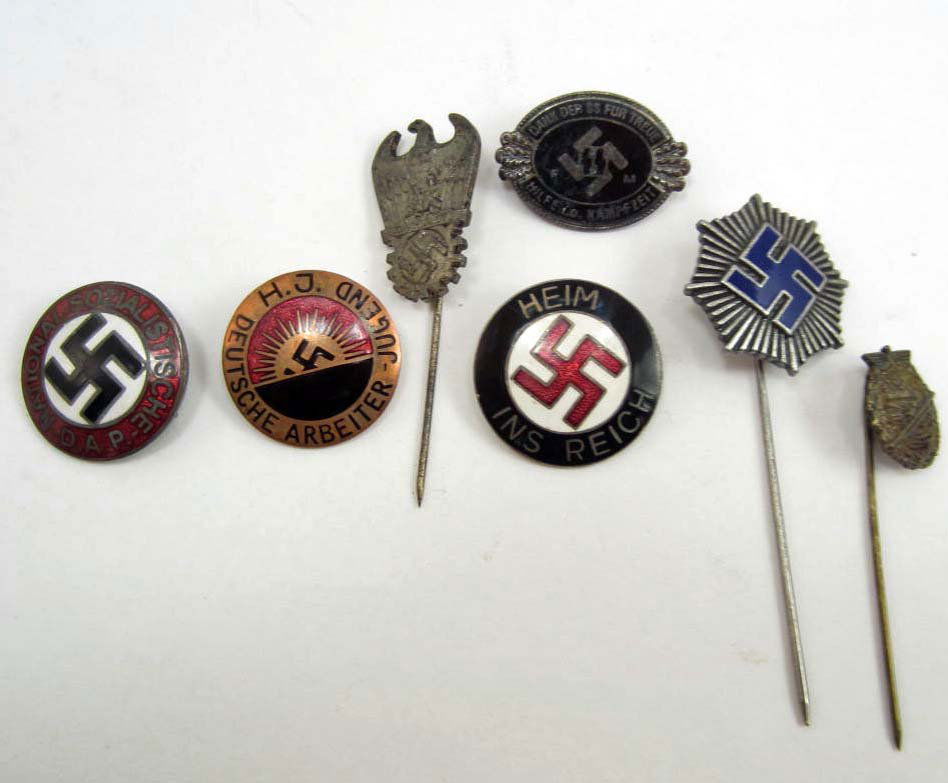LOT OF 7 GERMAN NAZI STICK PIN AND PARTY PINS: Organization Todt Badge Stick pin, Naval U-Boat Submarine Frontreif Badge Stickpin, RLB Civil Defense Stickpin, SS F Badge, heim Ins Reich Badge, Hitler Jugend Badge, NSDAP Party Badge. Some are maker