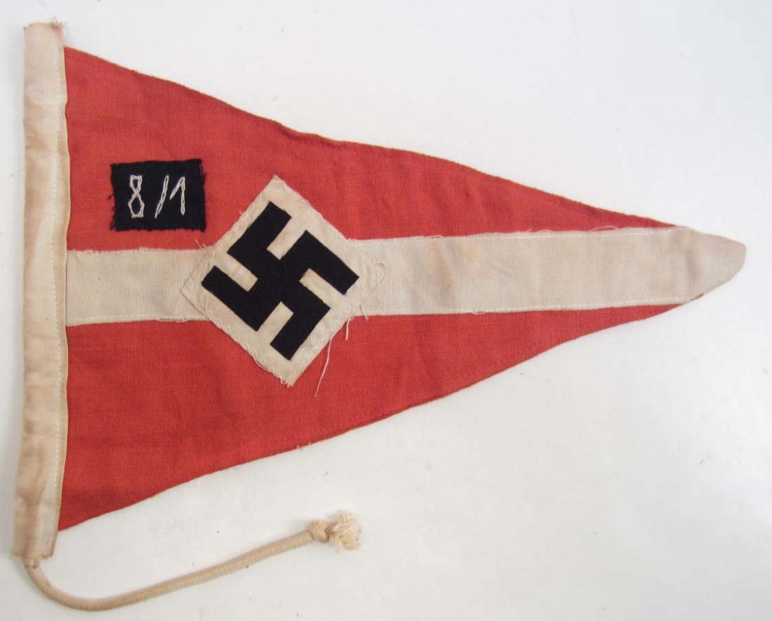 GERMAN NAZI HITLER YOUTH HJ STAFF CAR PENNANT: Approx. 8 1/2" by 11 1/4". Multi piece cotton machine sewn construction.