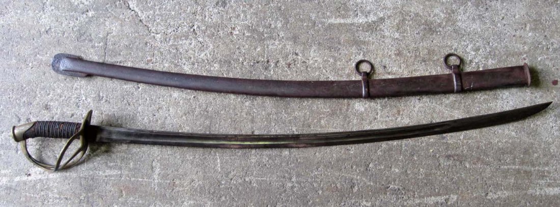 CONFEDERATE STATES ARMY CIVIL WAR ERA 1860 EM CAVALRY S: Approx. 42 1/4" long overall. The steel blade is approx. 1 3/16" wide by 35" long. it is maker marked james Conning Mobile. The steel scabbard is approx. 1 1/2" wide by 3 3/4" long. has a brass hand g