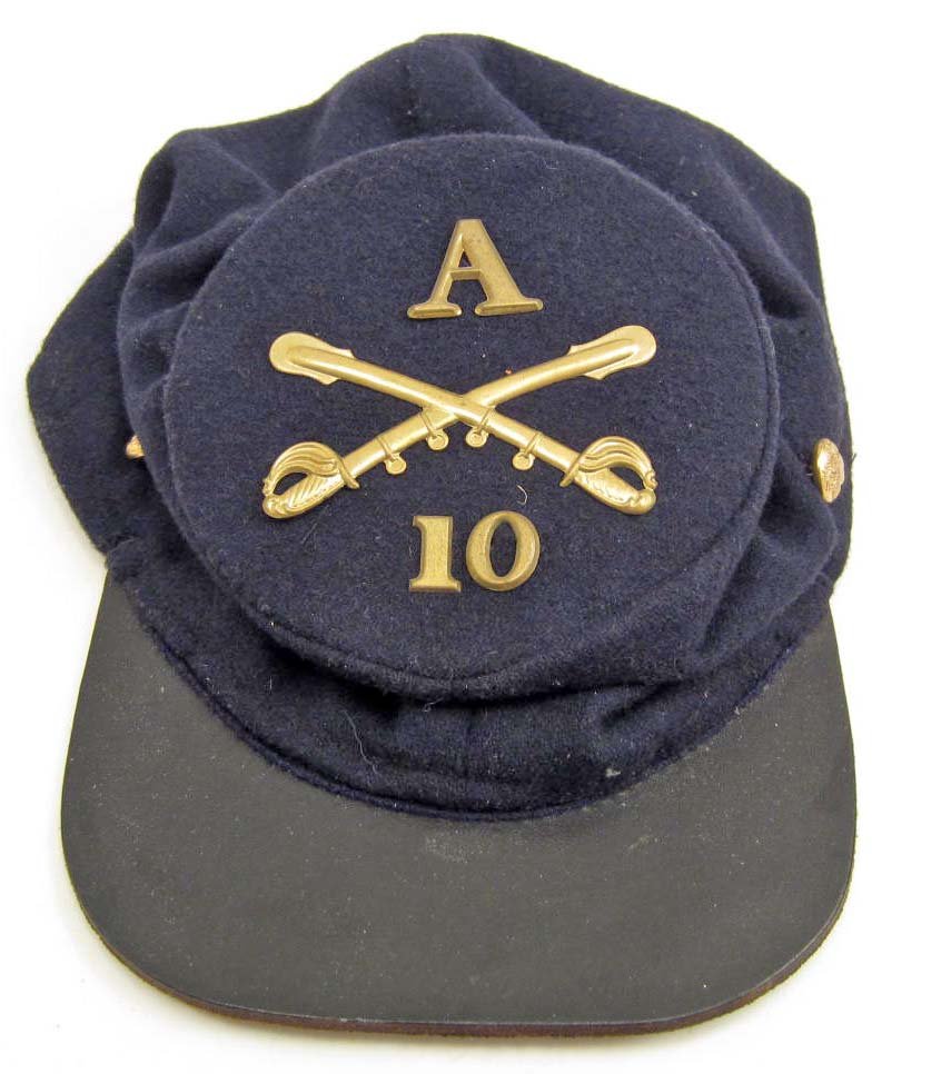 US CIVIL WAR ERA ARMY 10TH CAVALRY A COMPANY EM KEPI CA: Top has a pair of brass crossed sabers in the center w/ an A above the 10 below. The inside lining is a brown cotton material. There is a black leather bill sewn onto the front. There is an eagle butt