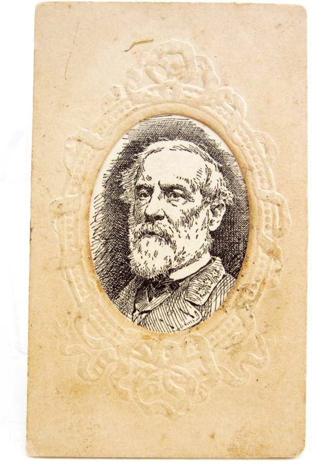 CONFEDERATE CIVIL WAR ERA GENERAL ROBERT E LEE CDV: Approx. 2 7/16" by 3 15/16". The center shows a detailed bust image etching of the General