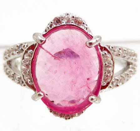 WHITE GOLD OVER STERLING SILVER PINK RUBY & TOPAZ RING