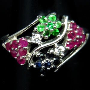 5457 - WHITE GOLD OVER STERLING SILVER RUBY, SAPPHIRE &: SIZE 6.5