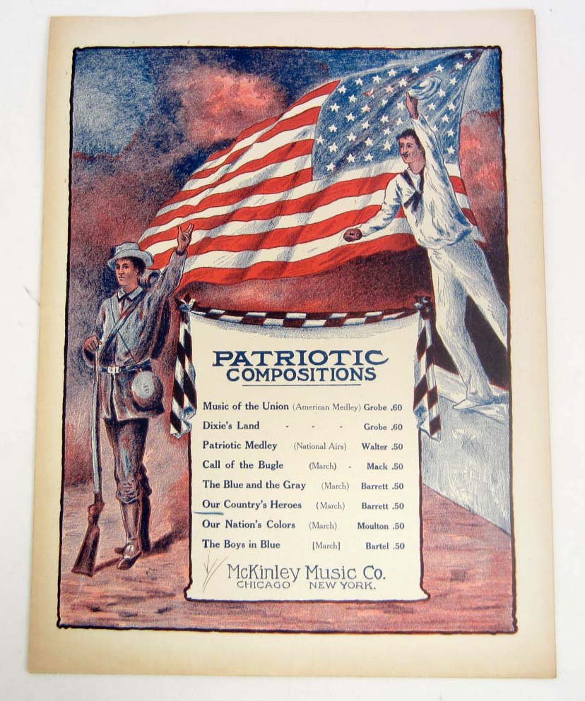 VINTAGE "PATRIOTIC COMPOSITIONS" MILITARY SHEET MUSIC: The Blue & th Approx. 10.25" x 13.5"e Gray, The Boys in Blue, Dixieland, More!