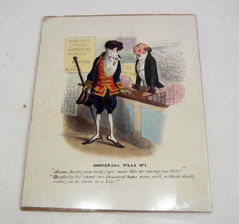 RARE EARLY HISTORICAL BLACK AMERICANA QUACK MEDICINE: Black man asks if the pills will make him 'More Wite' & is assured taking 2,000 boxes will make him 'White as a Lily'. Approx. 9" x 11"