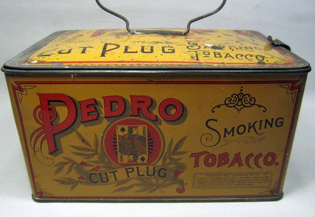 VINTAGE PEDRO TOBACCO ADVERTISING LUNCH PAIL STYLE TIN: Approx. 8" by 5" by 4"