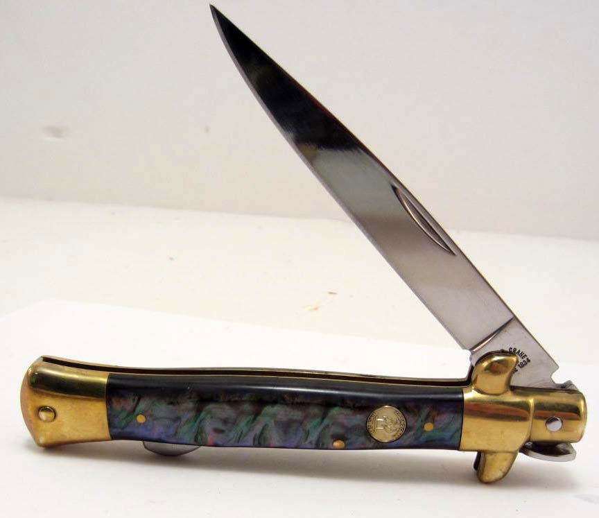 KISSING CRANE STILETTO KNIFE W/ ABALONE HANDLE: 5.5" long closed