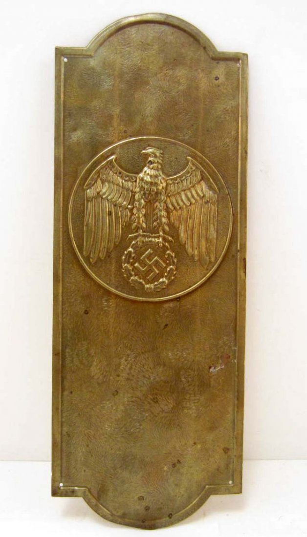 GERMAN NAZI ARMY OFFICERS DOOR PLAQUE: Approx. 3 3/4" by 10 1/16". Maker marked arno Breker - Berlin gmbh - Steinbildhaderwerksatte. Stamped brass construction.