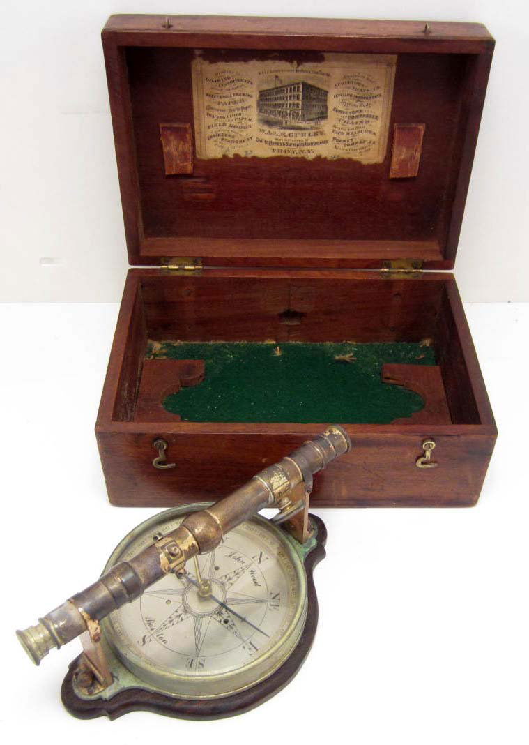 CASED SHIP COMPASS AND TELESCOPE: Wood carrying box is approx. 6 7/8" by 10" by 4 1/2". It was manufactured by W & L E gurley Troy NY. The compas is approx. 5 1/2" by 7 3/4" by 3 1/2". It was made by John Wood Boston. The telescope is