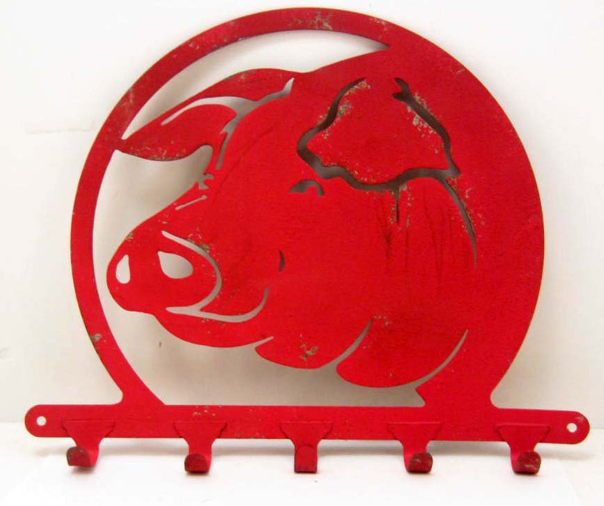 RED METAL PIG WALL ART PIECE W/ 5 HOOKS: Approx. 10" tall