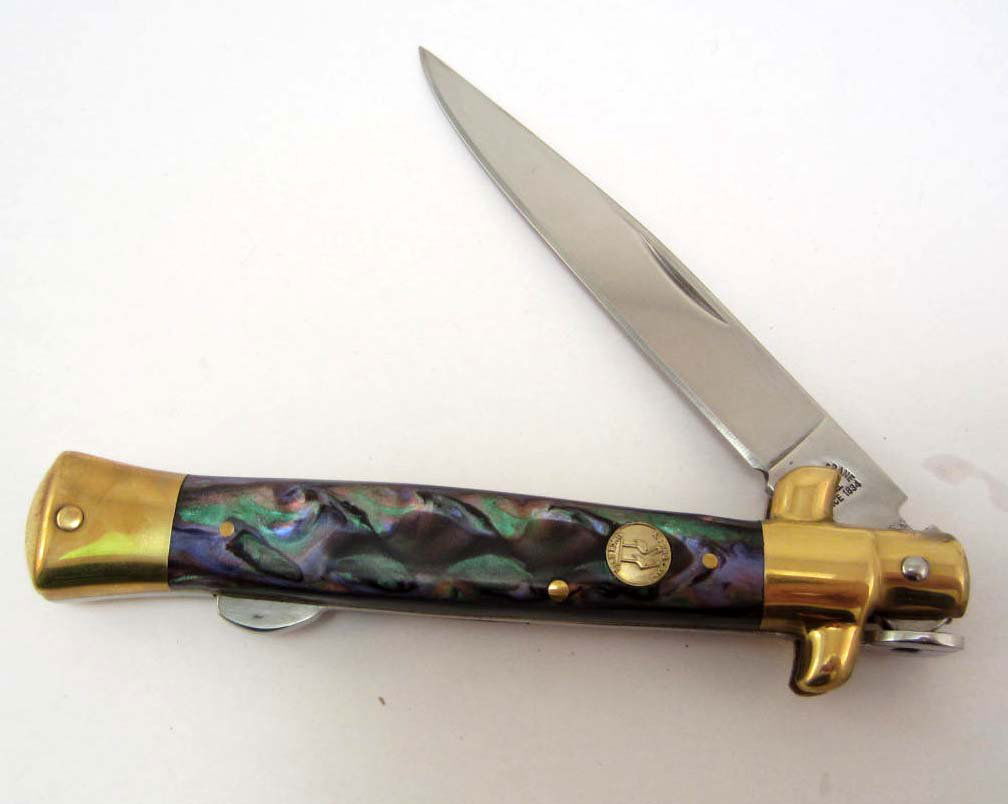 KISSING CRANE STILETTO KNIFE W/ ABALONE HANDLE: 5.5" long