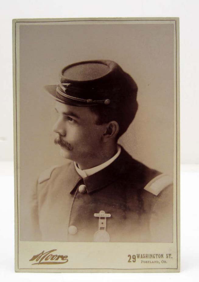 VERY RARE SELF PORTRAIT CABINET PHOTO OF A CIVIL WAR: This is a Civil War Soldier who was also a Photographer in Portland, Oregon Named Eldridge W. Moore. Wearing a Medal that says 1880 CHAMPION. He took this Photo of Himself.