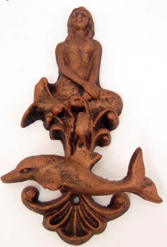 CAST IRON MERMAID & DOLPHIN DOOR KNOCKER: 8" tall