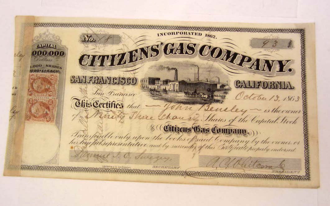 1863 CITIZENS' GAS COMPANY STOCK CERTIFICATE SAN: 1863 CITIZENS' GAS COMPANY STOCK CERTIFICATE SAN FRANCISCO CALIFORNIA