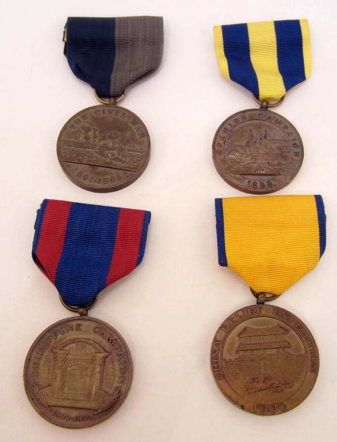 LOT OF 4 USN NAVAL FOR SERVICE CAMPAIGN MEDALS: All have issue ribbons. The Civil War 1861 - 1865, Spanish Campaign 1898, Philippine Campaign 1899 - 1903, China Relief expedition 1900. Un numbered.