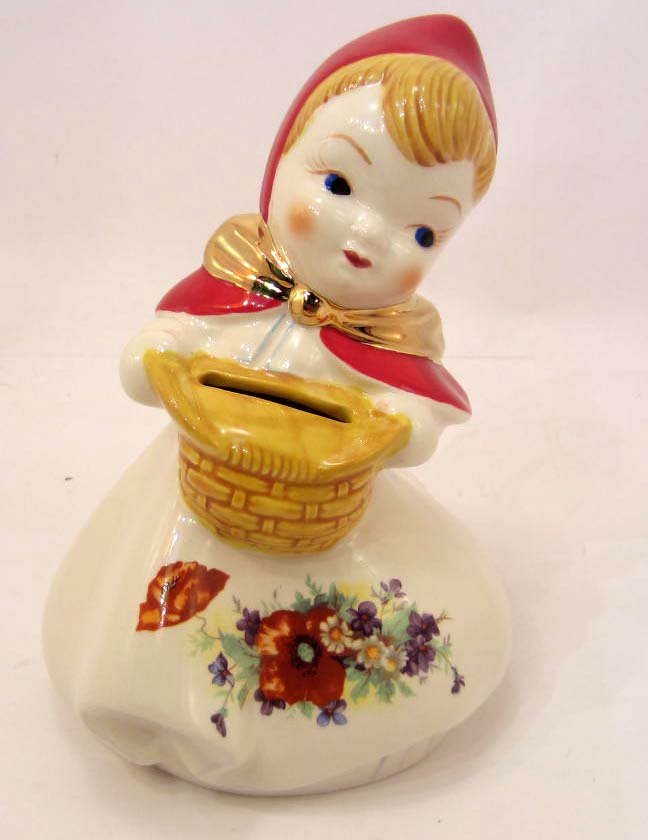 RED RIDING HOOD PORCELAIN BANK: 6.5" tall