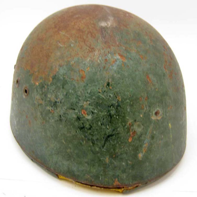 ITALIAN PARATROOPER COMBAT JUMP HELMET: Includes the leather liner w/ pads and chin strap. Steel helmet is painted green. Rare