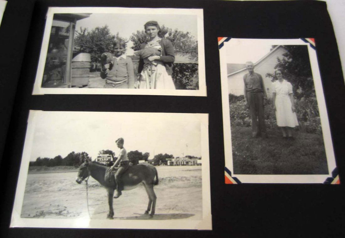 VINTAGE PHOTO ALBUM W/ APPROX. 100 PHOTOS: Incl. Barefoot kids, Scenery, Mountains, Riding a Donkey, Chickens, a Dam, Beach, Swimming, Tricycle, Turkeys, Military, Buildings, More!